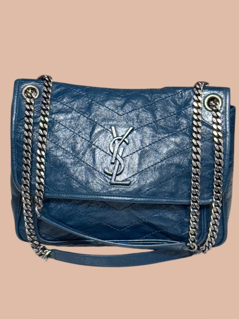 YSL Crinkled Calfskin Matelasse Monogram Medium Niki Chain Peacock Green